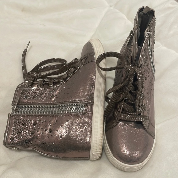 Stuart Weitzman Vance High Bling Sparkle Wedge Sneakers Size 3 Pewter - Picture 2 of 6